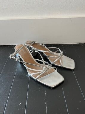 Silver Strappy Block Heel Sandals